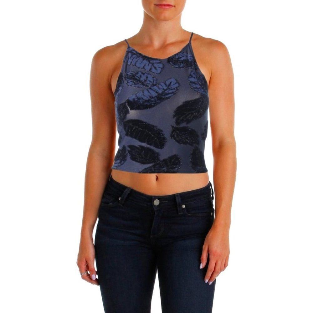 SMALL NAVY AQUA WOMENS VELVET LEAF PRINT CROP TOP